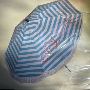 World Market Blue and White Striped “Out of Office” Fringe Umbrella Canopy